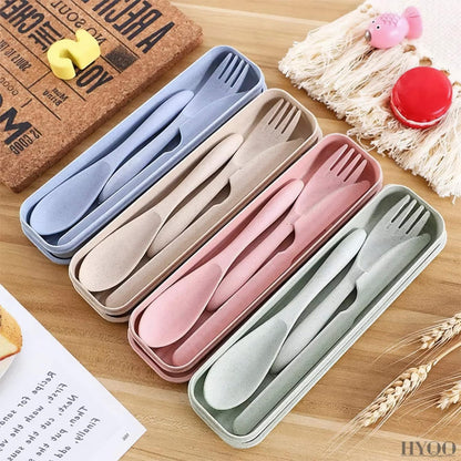 4 Sets Wheat Straw Travel Silverware with Case - Reusable Utensils Set with Case Forks and Spoons Silverware Set Lunch Box Accessories - Fork and Spoon Set Plastic Dinnerware Camping Tableware Set