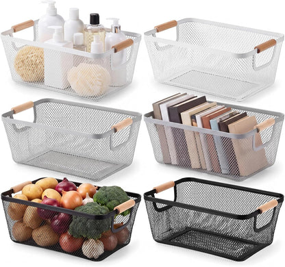 Sawysine 6 Pack Wire Mesh Baskets for Organizing with Wooden Handles 12.2 x 8.27 x 5.51 Inch Metal Mesh Storage Bins Black White Gray Fruit Vegetable Containers for Pantry Kitchen Office
