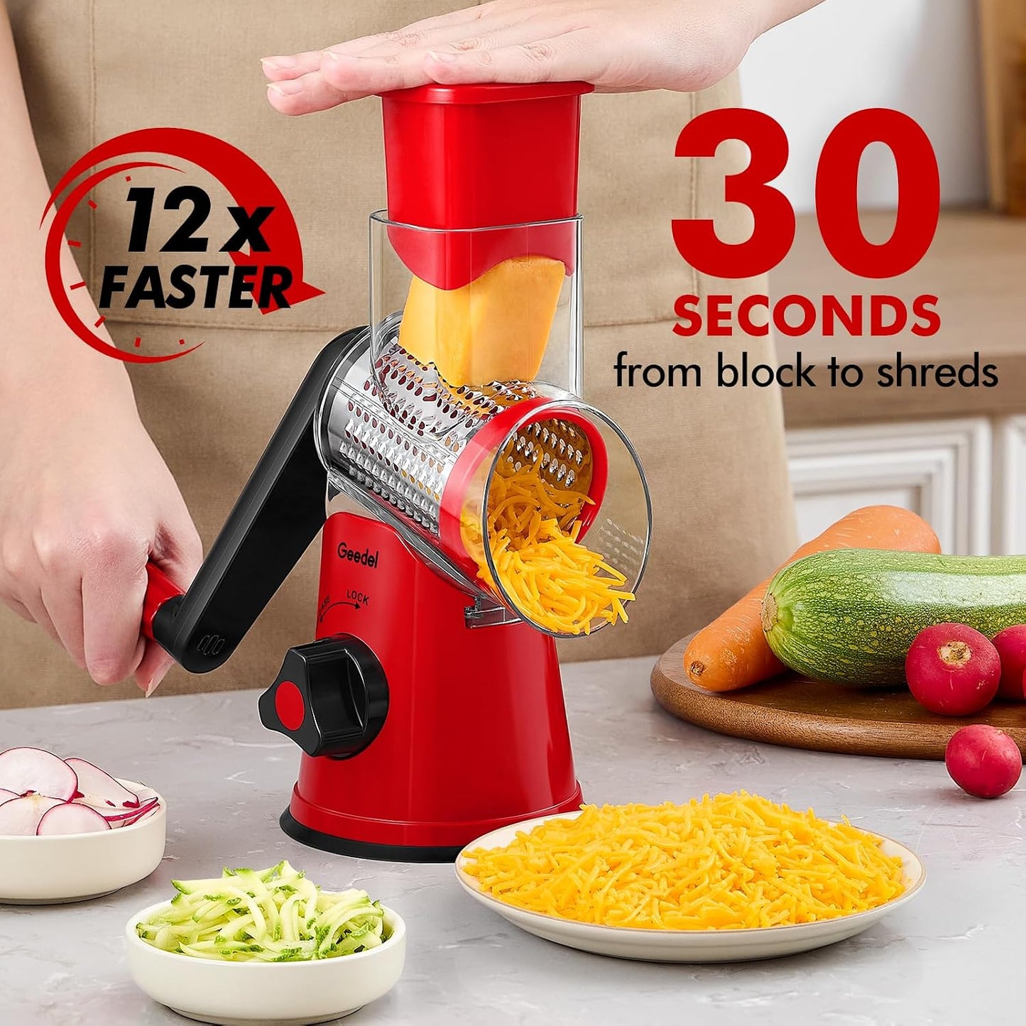 Geedel Rotary Cheese Grater, Kitchen Mandoline Vegetable Slicer with 3 Interchangeable Blades, Easy to Clean Rotary Grater Slicer for Cheese, Vegetables, Nuts