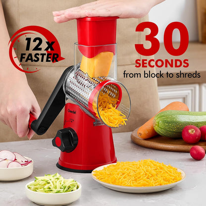 Geedel Rotary Cheese Grater, Kitchen Mandoline Vegetable Slicer with 3 Interchangeable Blades, Easy to Clean Rotary Grater Slicer for Cheese, Vegetables, Nuts