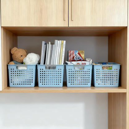Soddeph 4 Pack Plastic Deep Storage Basket with Handles, Cubbies Organizer Bins with Hollow Design for Under Counter, Closet, Kitchen or Bathroom 12.3" × 8.7" × 6.9"(White, Medium)