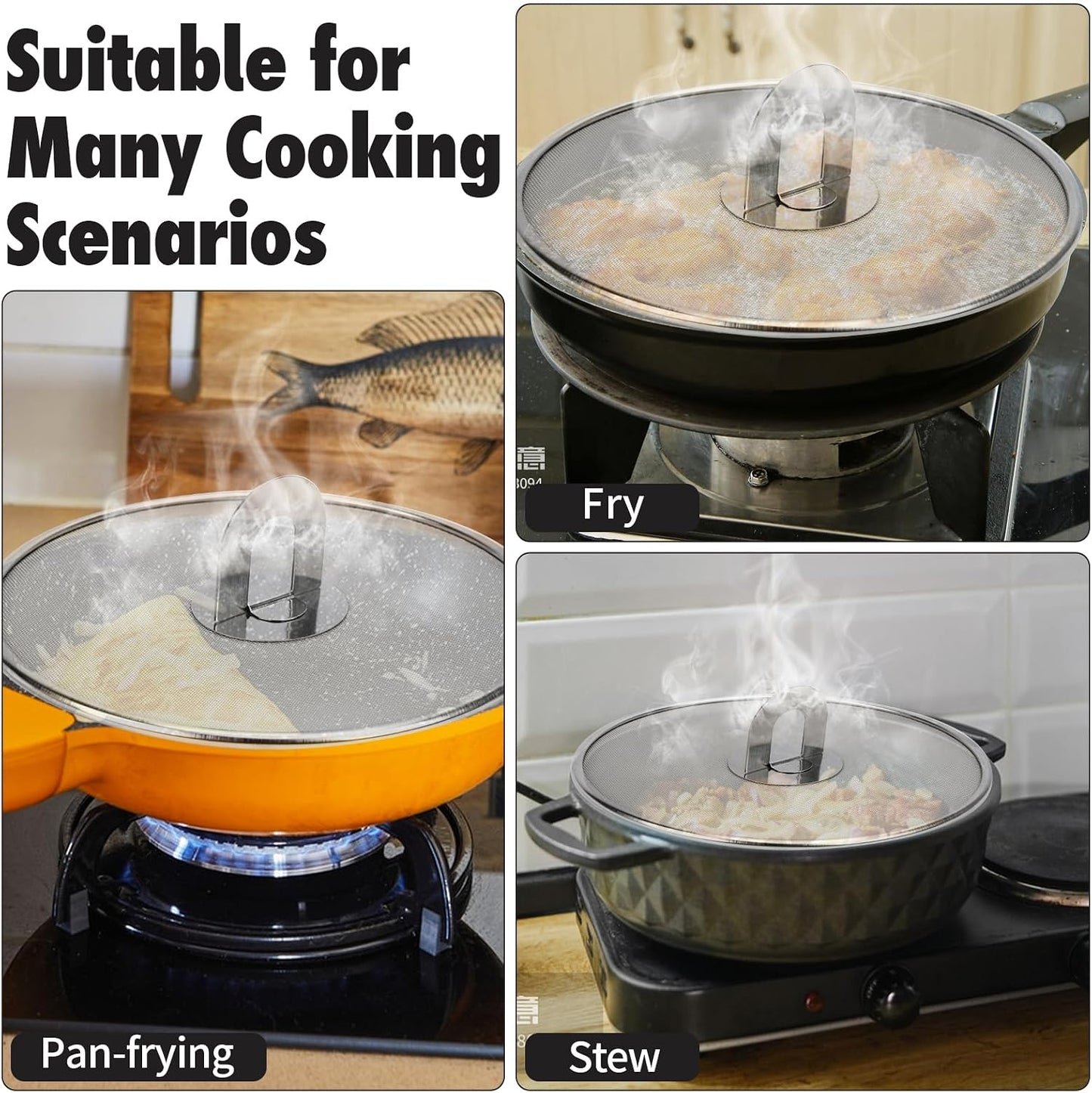 4PCS Splatter Screen for Frying Pan, Stainless Steel Grease Splatter Guard, Hot Oil Splatter Screen with Foldable Knob, Ultra-Fine Mesh No Burns Keeps Kitchen Clean(8", 10", 11.5", 13")