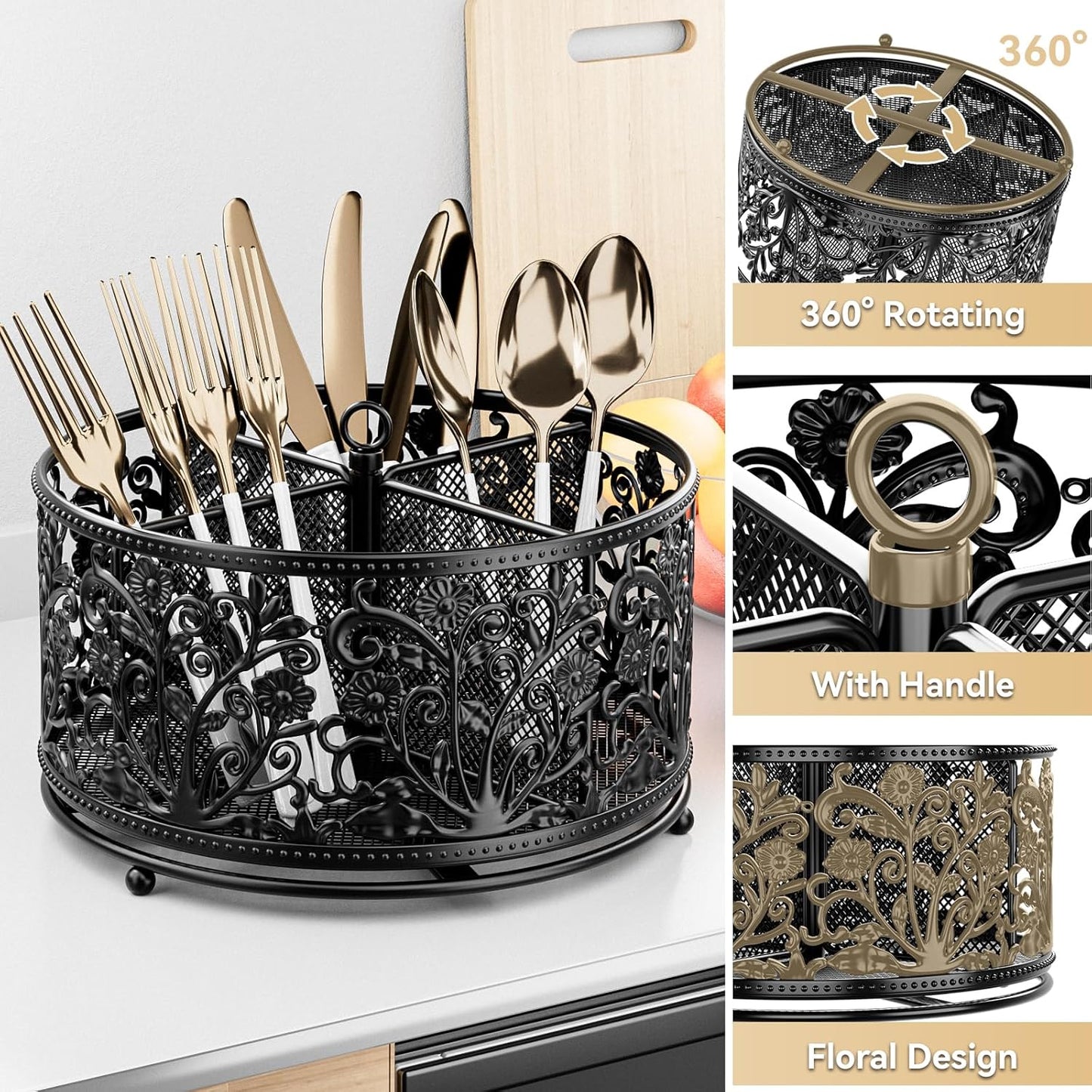 YIUKEA 360° Rotating Utensil Caddy - Silverware Cutlery Caddy Holder with 4 Compartment, Metal Flatware Organizer Countertop with Handle for Party Camping Picnic, Kitchen Counter, Office (Silver)