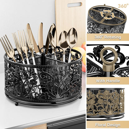 YIUKEA 360° Rotating Utensil Caddy - Silverware Cutlery Caddy Holder with 4 Compartment, Metal Flatware Organizer Countertop with Handle for Party Camping Picnic, Kitchen Counter, Office (Silver)