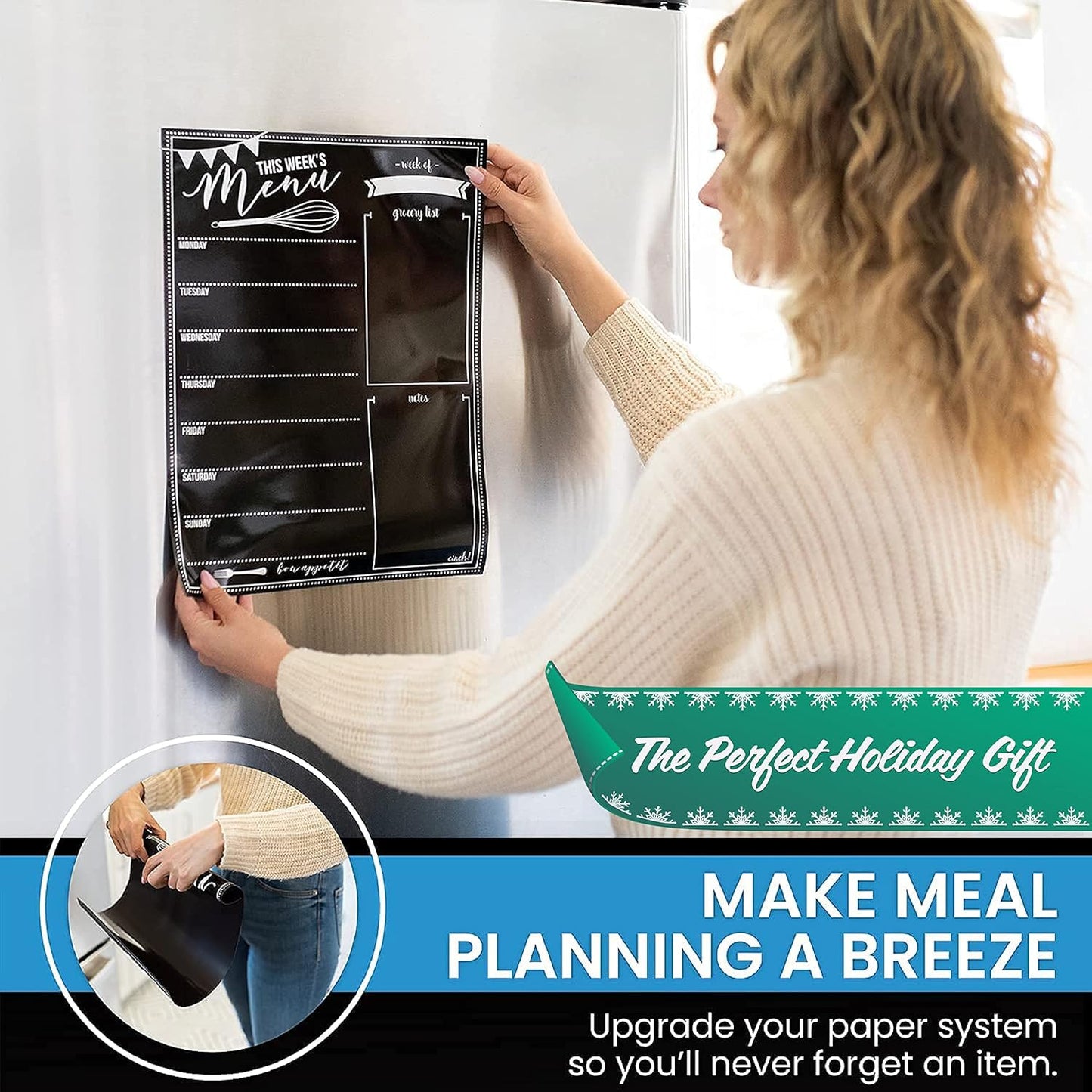 Cinch! 16x12-Inch Chalkboard Weekly Menu - Magnetic Meal Planner Board for Refrigerator - Reusable Black Menu Board with 3 Neon Liquid Chalk Markers - Weekly Food Planner for Kitchen Organization