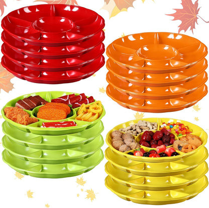 Rtteri 12 Pcs Plastic Divided Serving Trays 12 Inch Round Chip Dip Plate 6 Sectional Snacks Serving Dish Food Platters for Party Candy Nuts Fruits Veggies(Colorful)