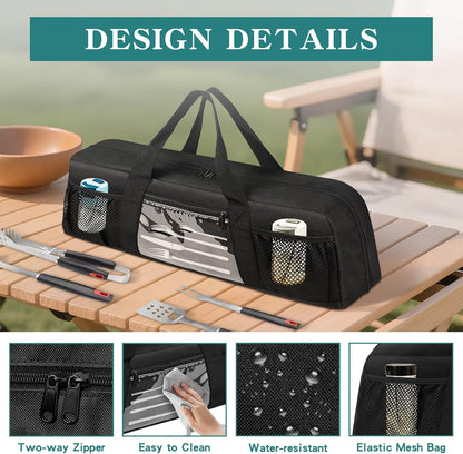 Grill Utensil Storage Bag, Large BBQ Tool Organizer Holder Caddy Case with Pockets, Fits up to 20" Tools, for Outdoor Grilling, Camping, Picnic, Barbecue Accessories (Bag Only, Black)