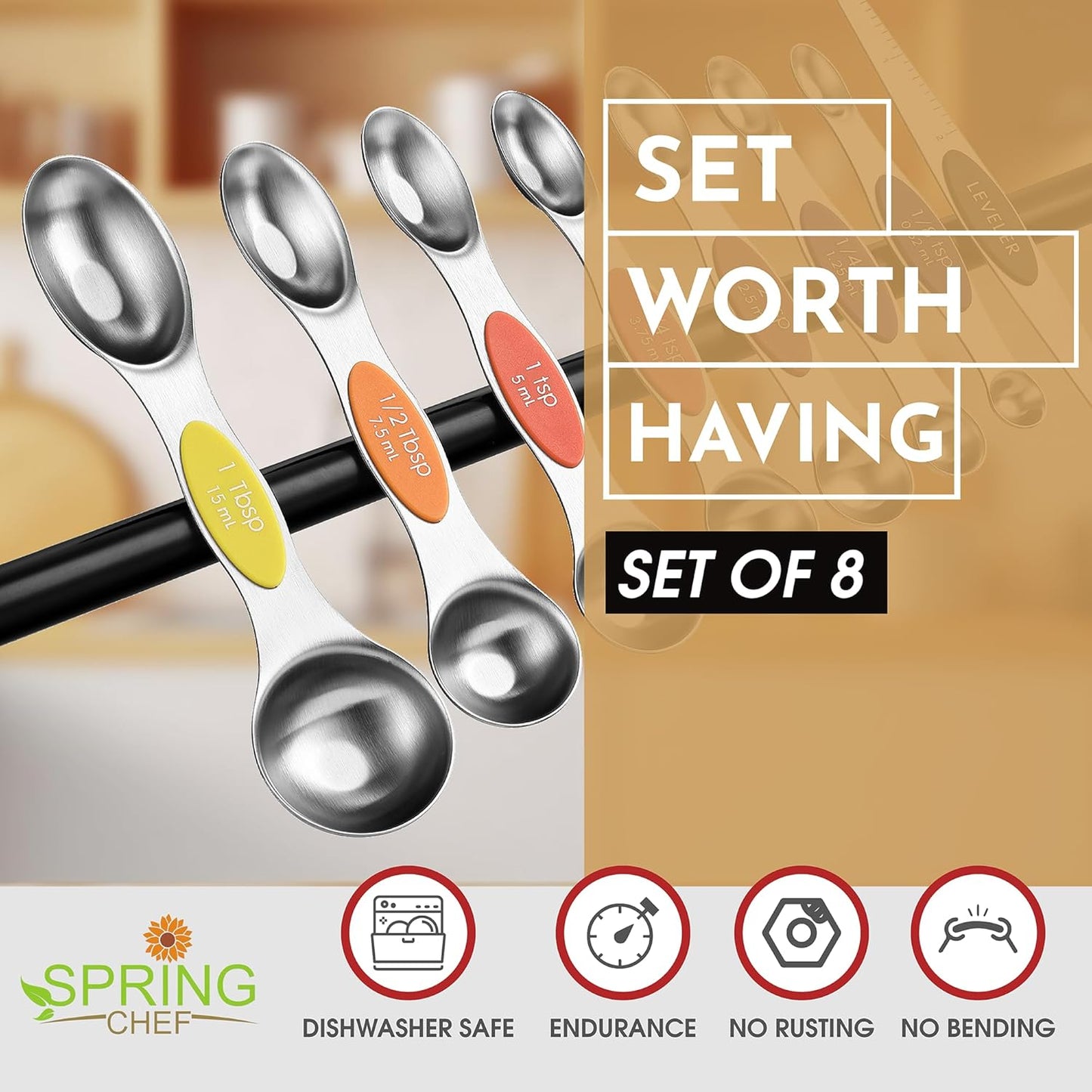 Spring Chef Stainless Steel Magnetic Measuring Spoons Set with Strong N45 Magnets, Heavy Duty Metal Kitchen Gadgets for Baking & Cooking, Fits in Most Kitchen Spice Jars, Set of 8 with Leveler, Black