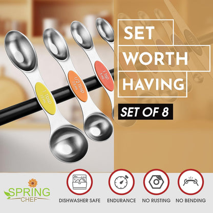 Spring Chef Stainless Steel Magnetic Measuring Spoons Set with Strong N45 Magnets, Heavy Duty Metal Kitchen Gadgets for Baking & Cooking, Fits in Most Kitchen Spice Jars, Set of 8 with Leveler, Black