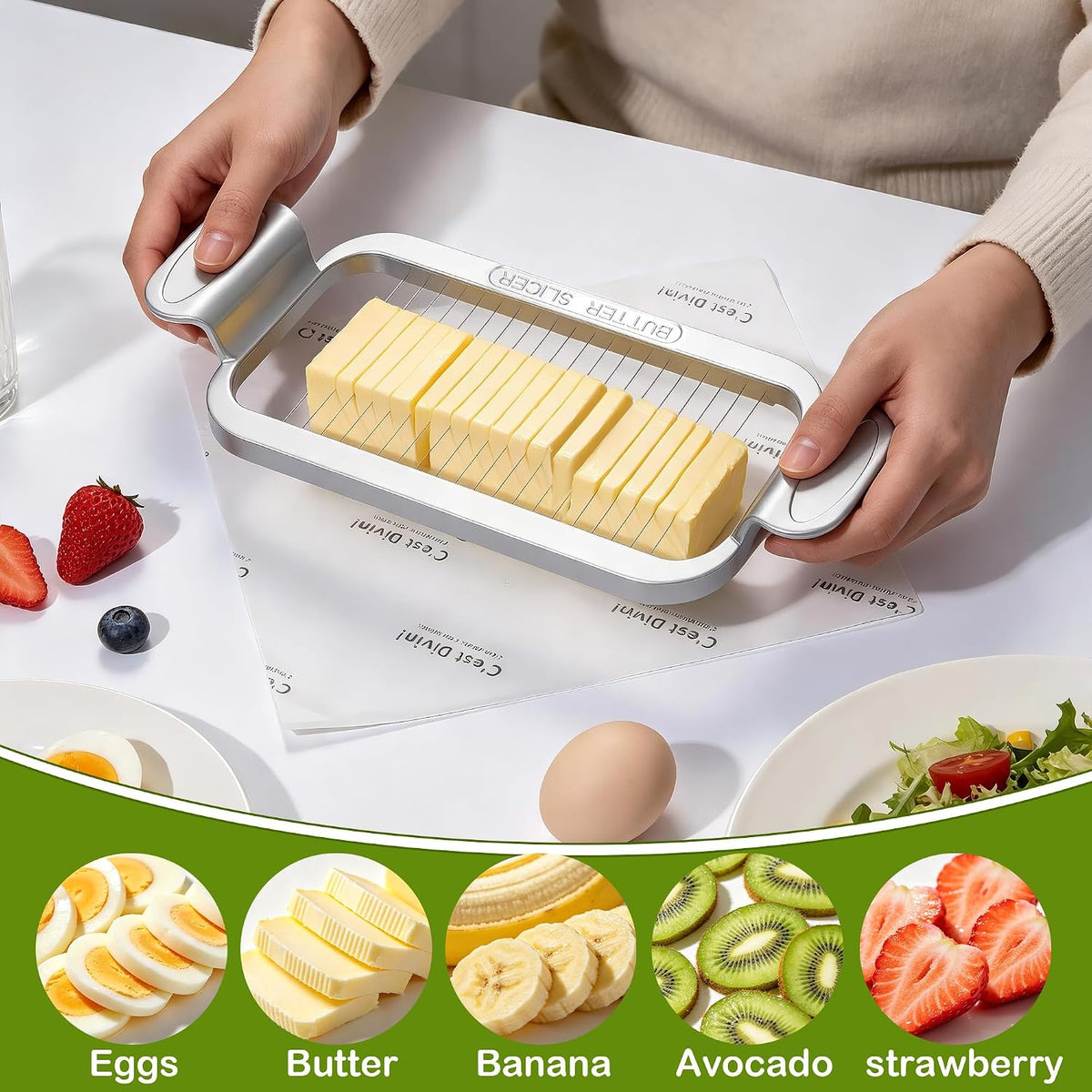 Large Butter Cutter Banana Slicer, Heavy Duty Aluminum & Stainless Steel Wires, Multipurpose Slicer for Butter, Cheese, Banana, Boiled Egg, Strawberry, Dishwasher Safe Kitchen Cutting Tool