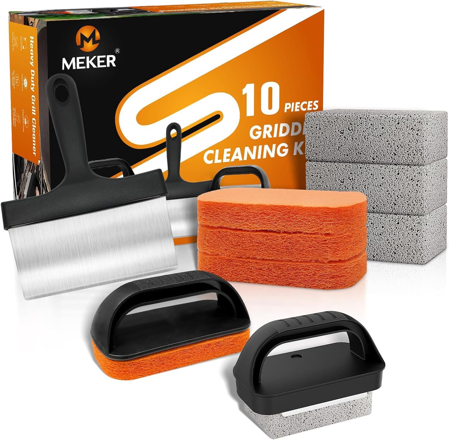 MEKER Griddle Cleaning Kit for Blackstone, Flat Top Grill Cleaning Kit with Grill Stone, Upgraded Scouring Pads & Griddle Scraper & Brush with Handle - Easy to Remove Stain (10 PCS)