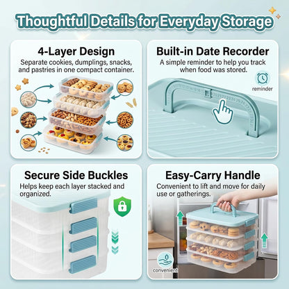 4 Tier Stackable Food Storage Container with Handle, Extra High Portable Carrier Box for Cookies, Cupcakes, Charcuterie, Pastries and Party Snacks (Mint Green)