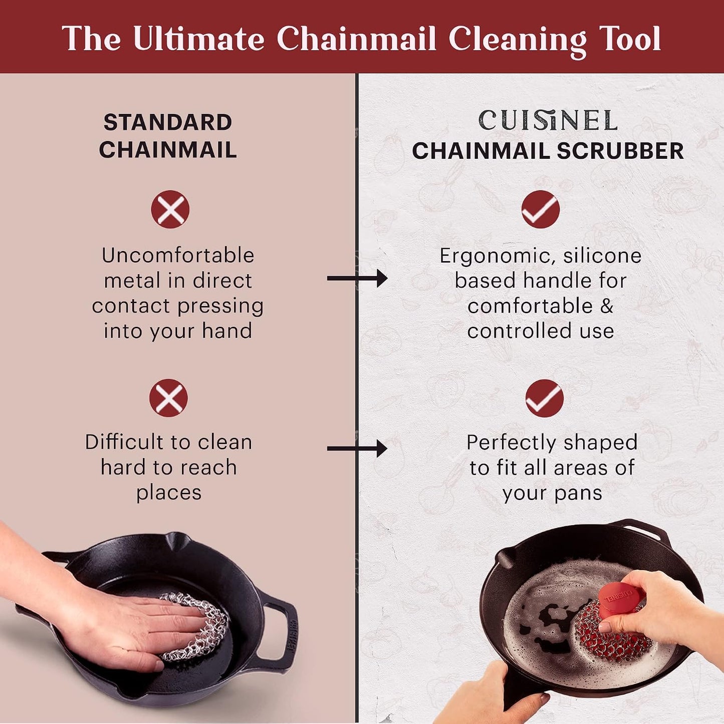 Cuisinel Cast Iron Scrubber Cleaning Brush + Pan/Grill Scraper - Skillet and Grill Cleaner Kit - Soft-Touch Confident-Grip Dish Scrub Tool - Tough on Grease, Gentle on Metal and Non-Stick Cookware