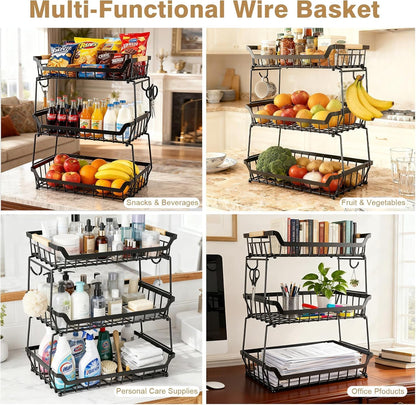 3 Tier Fruit Basket for Kitchen Counter with 2 Banana Hangers, Countertop Metal Fruit Bowl with Wooden Handle, Large Capacity Metal Wire Fruits Stand Organizer for Fruits Vegetables Breads Coffee Can