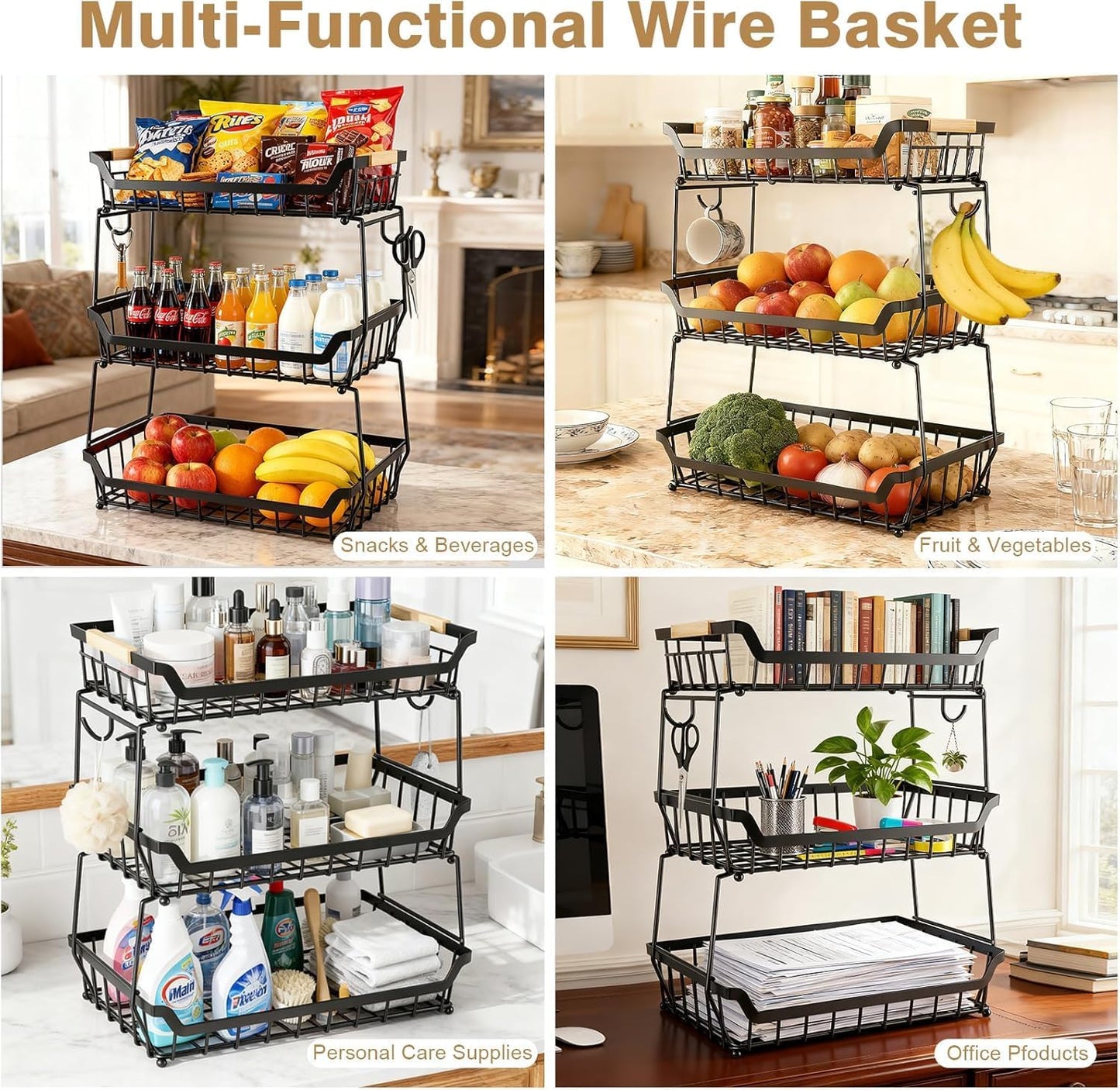 3 Tier Fruit Basket with 2 Banana Hangers for Kitchen Counter | 3-Tier Detachable Design,Metal Wire Construction, Wooden Handle, Large Capacity, Multi-Purpose Organizer,Mesh Basket