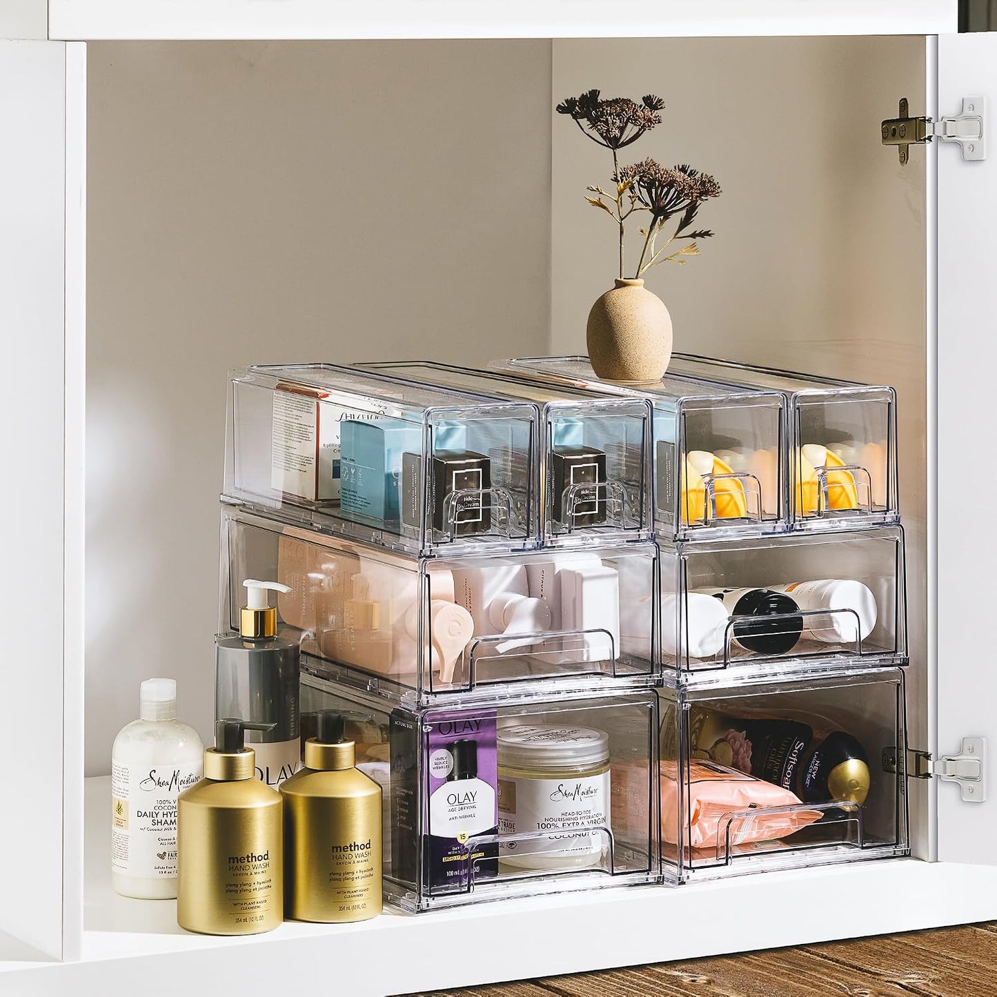 Sorbus Medium Clear Storage Drawers (6 Pack) – Stackable Organizer Drawers for Fridge, Pantry, Kitchen – Pull-Out Storage Bins with Handles, Slide Out Acrylic Drawers