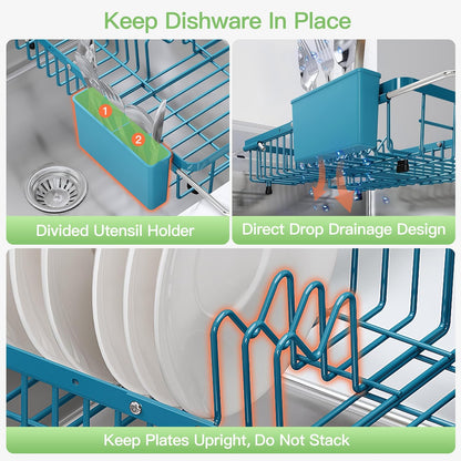JASIWAY Dish Drying Rack in Sink, Dish Drainer with Cup and Utensil Holder