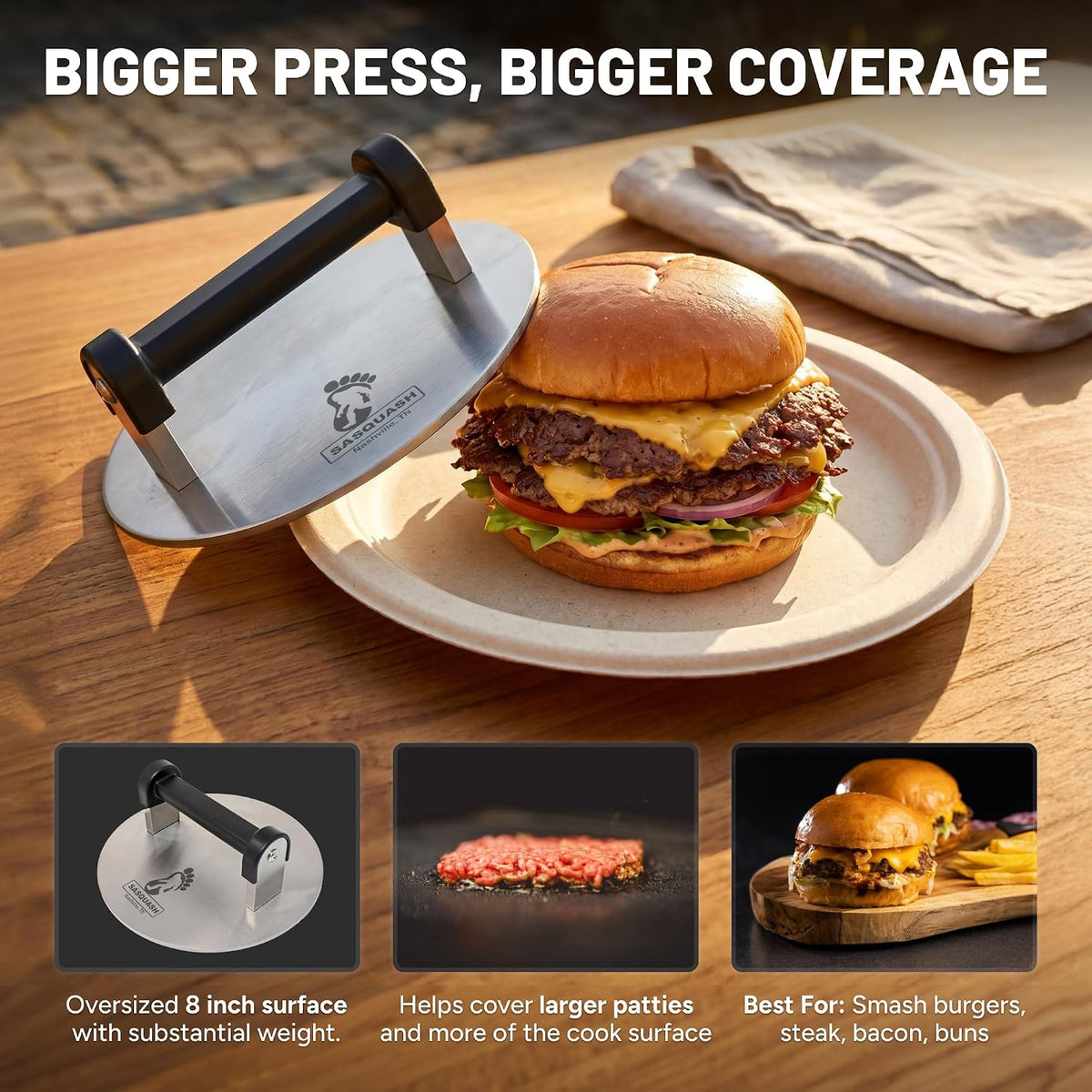 Sasquash Bigfoot Burger Smasher - Huge 8 Inch 3+ Pound Smash Burger Press