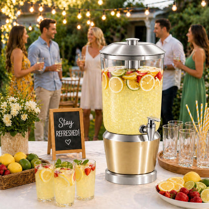 Drink Dispenser with Ice Chambers, Lemonade Tea Water Dispenser with Spigot, Stainless Steel Beverage Jar Jug, Perfect for Home Parties, Weddings, Gifts & Events (Gold, 3, Gallons)