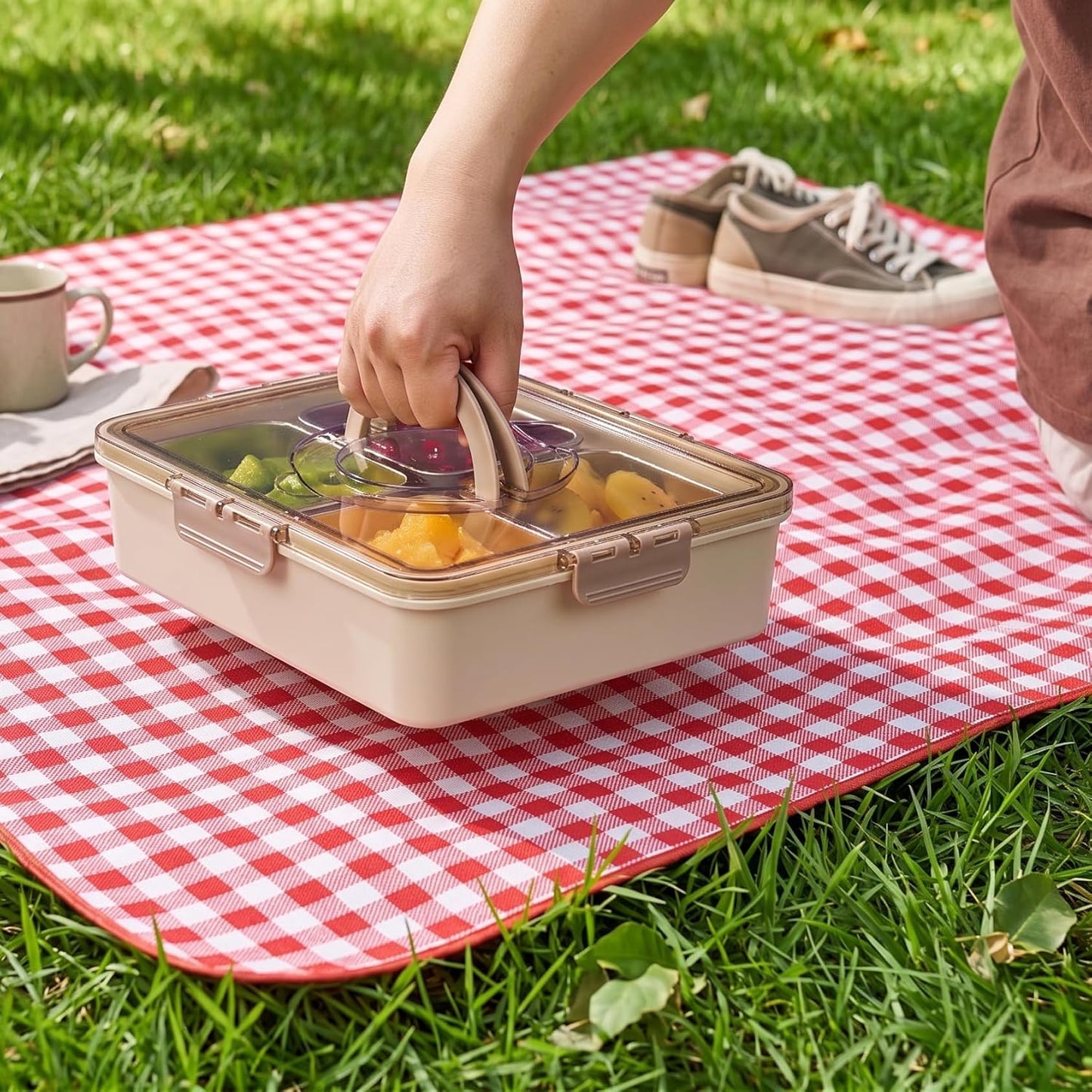 Snackle Box Container, 4 PCS Stainless Steel Divided Serving Snack Tray,Serving Tray with Lid and Handle, Portable Snack Tray for Beach, Road Trip, Picnic, Boat Days, Ball Games