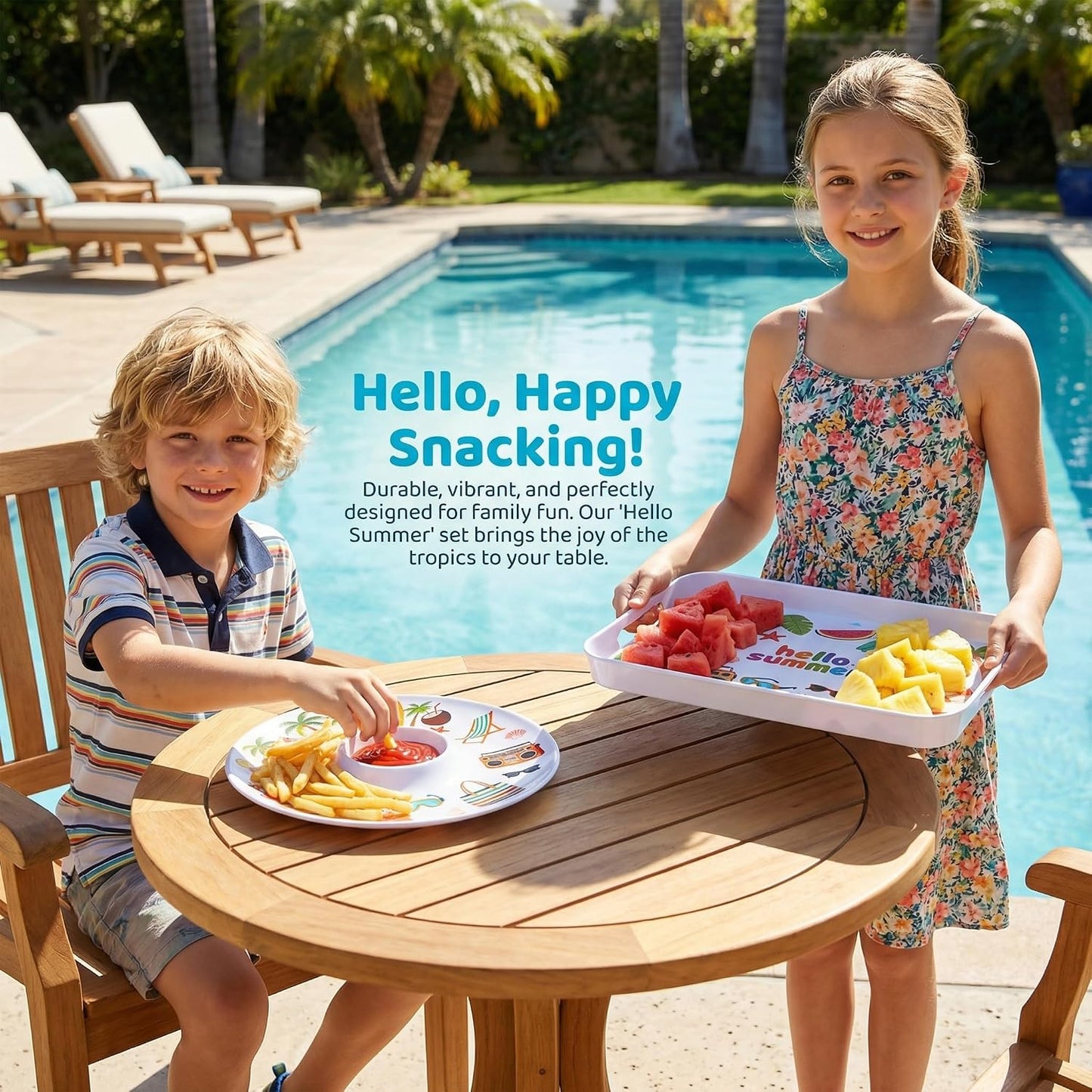 2 Pcs Serving Tray - 16'' Melamine Rectangle Tray with Handle and 13'' Chip and Dip Set of 2，Extra-Large Melamine Serving Platter for Eating, Appetizer, Snack, Fruit, Desserts，Happy Summer
