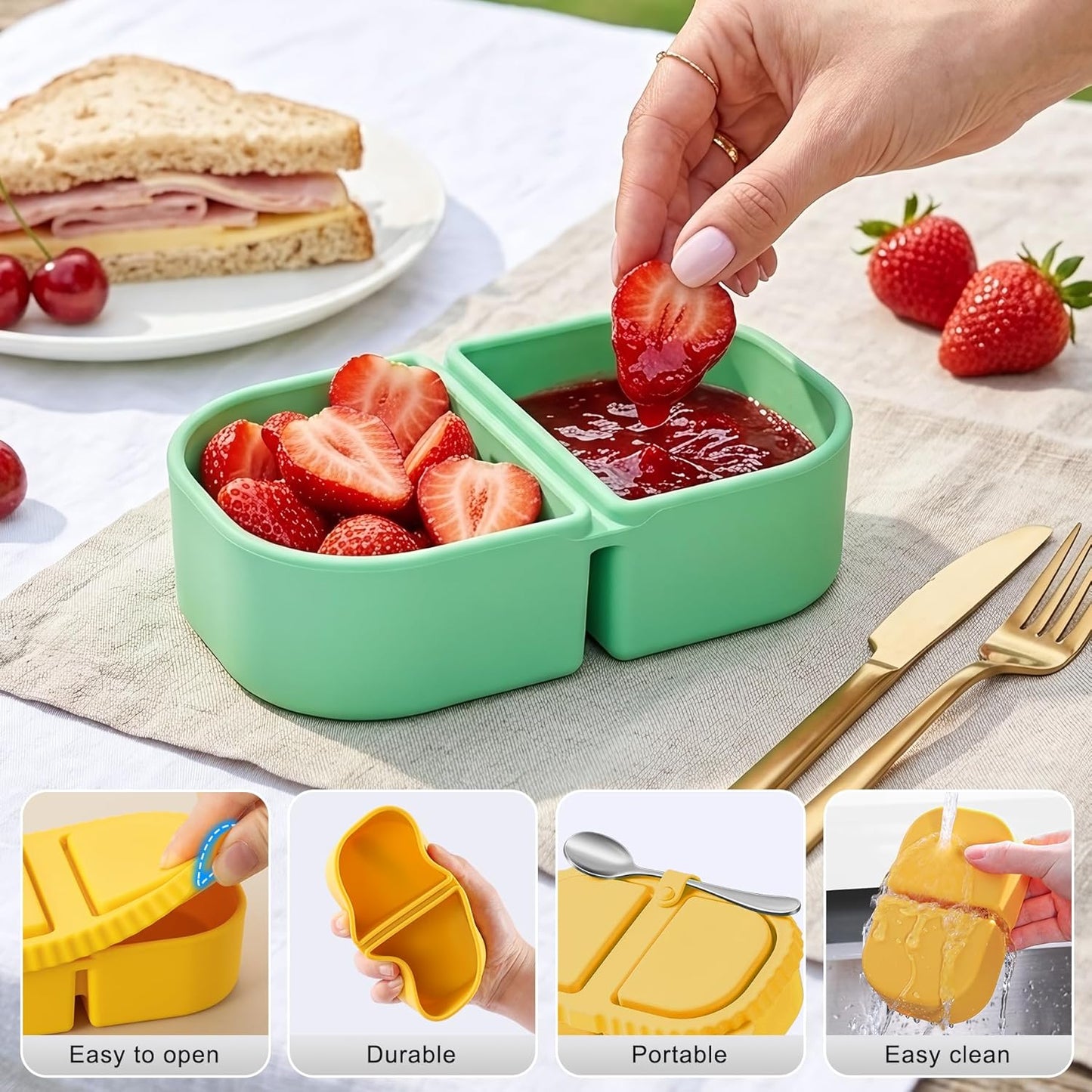 Silicone Reusable Snack Containers with Lids, 4 Pack 3 Compartment Bento Snack Boxes, Leakproof Food Storage Containers for Meal Prep, Lunch, Fruits, Kids & Adults, Dishwasher Safe