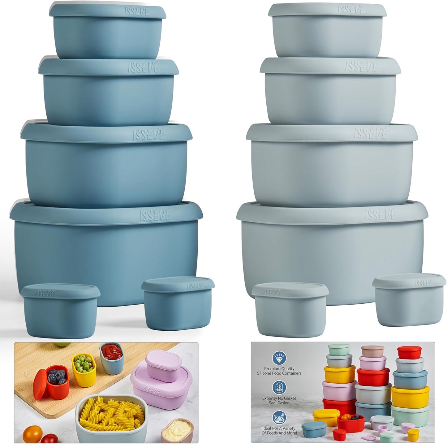 ISSEVE 12Pcs/Set Nesting Silicone Food Storage Containers with Lids, BPA Free Reusable Meal Prep Silicone Containers Airtight, Freezer Dishwasher Safe (33.8oz, 20oz, 10oz, 6.7oz, 1.3oz)