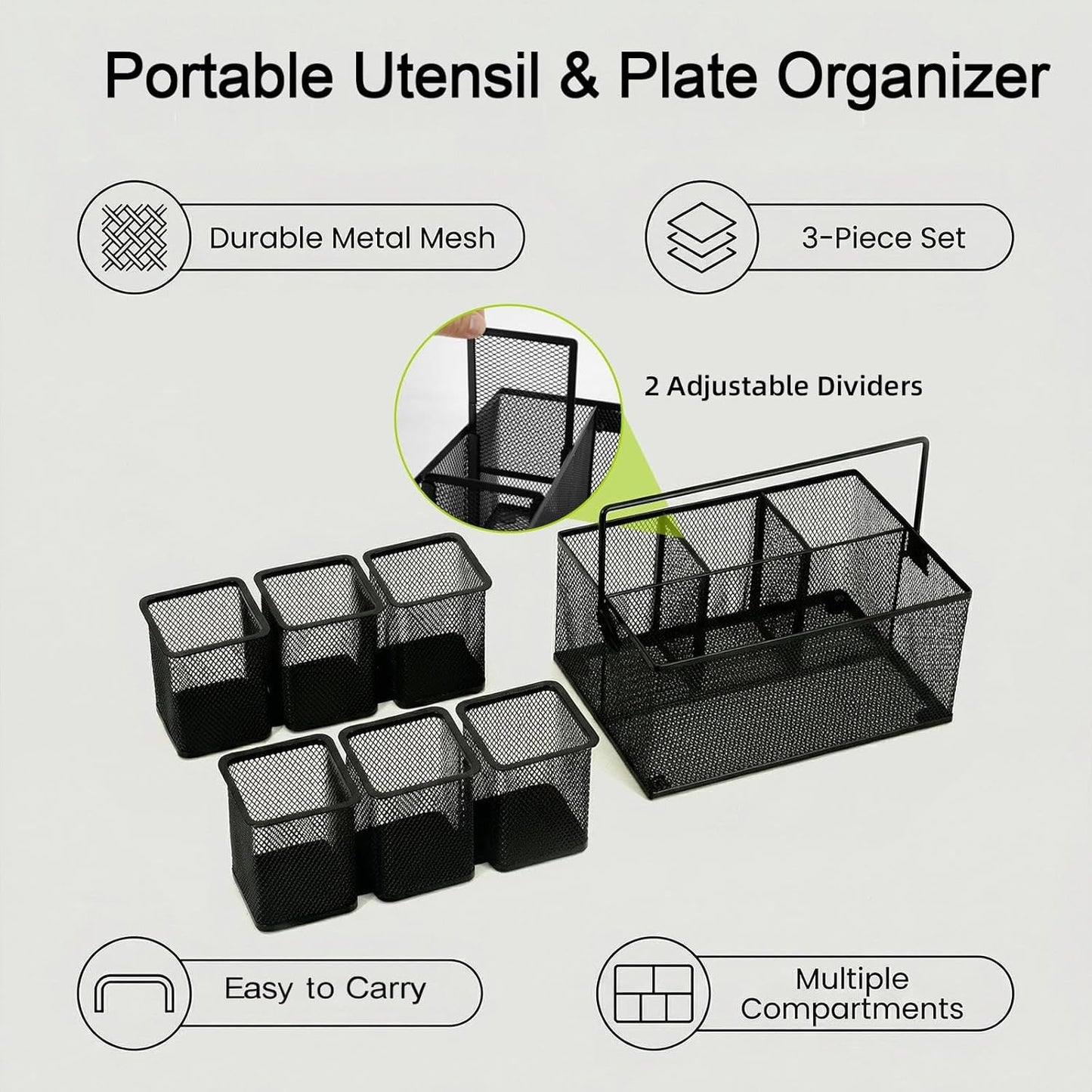 Neudeco Utensil Holder Set of 3, Black | Silverware Caddy, Portable Cutlery Storage & Paper Plate Organizer, Metal Mesh, Adjustable Dividers