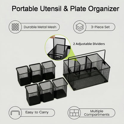 Neudeco Utensil Holder Set of 3, Black | Silverware Caddy, Portable Cutlery Storage & Paper Plate Organizer, Metal Mesh, Adjustable Dividers