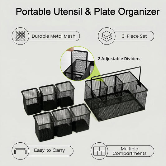 Neudeco Utensil Holder Set of 3, Black | Silverware Caddy, Portable Cutlery Storage & Paper Plate Organizer, Metal Mesh, Adjustable Dividers