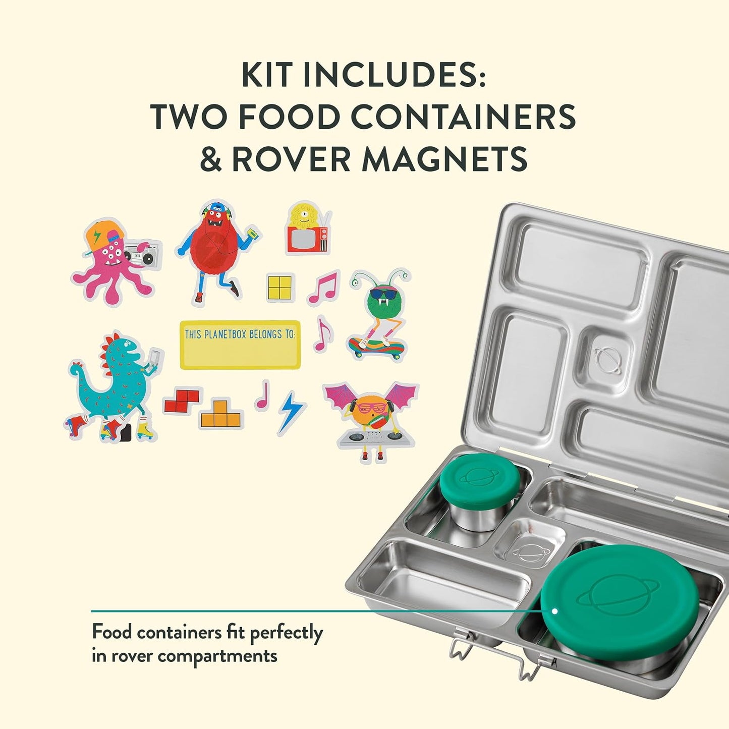 PlanetBox Rover Stainless Steel Bento Box Style Lunch Box Kit for Kids with 5 Compartments – Space Animals Edition includes Insulated Lunch Bag, Leakproof Food Containers and Matching Magnets