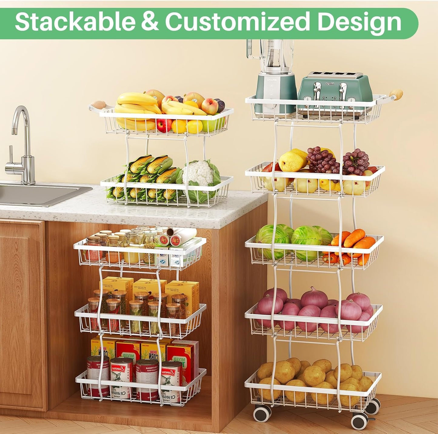 SAYZH Fruit Basket Kitchen Pantry Organizers and Storage - 4 Tier Stackable Metal Wire Basket Stand for Fruit Vegetable Snacks Jars Bins Containers Organization(Black, 4 Tiers)