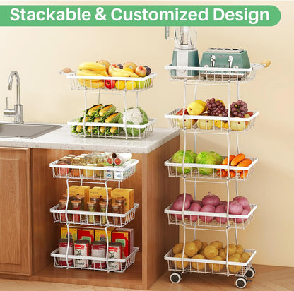 SAYZH Fruit Basket Kitchen Pantry Organizers and Storage - 4 Tier Stackable Metal Wire Basket Stand for Fruit Vegetable Snacks Jars Bins Containers Organization(Black, 4 Tiers)