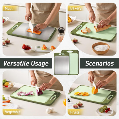2 Packs Stainless Steel Cutting Board Set, Best Non Toxic Cutting Boards for Kitchen, Double Sided Metal Chopping Board for Meat/Fruit/Vegetables, Food Grade Kitchen Set Gift, [16”×11”+18”×12” Inch]