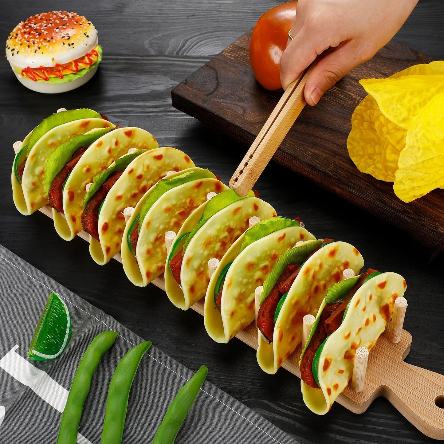 Kigley Wood Taco Holder Set of 4 Bamboo Mini Taco Tray with Tong Stand with Handle Wooden Rack, Each Holds 8 Soft or Hard Shell for Charcuterie Food Kitchen Gifts Accessories Home