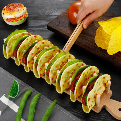 Kigley Wood Taco Holder Set of 4 Bamboo Mini Taco Tray with Tong Stand with Handle Wooden Rack, Each Holds 8 Soft or Hard Shell for Charcuterie Food Kitchen Gifts Accessories Home