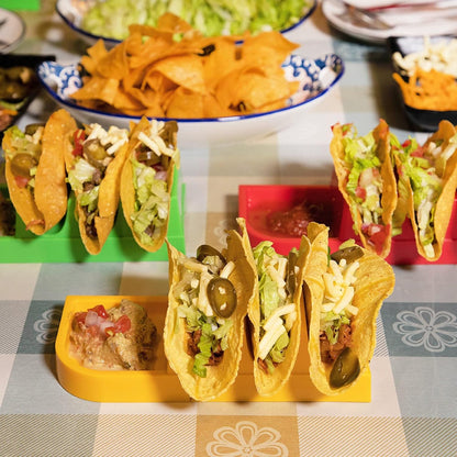 Taco Bar Serving Set for a Party - Taco Tuesday Kit of 4 personal Taco Holders, Taco Night for Burritos, Nachos, 7 compartments for Taco Toppings