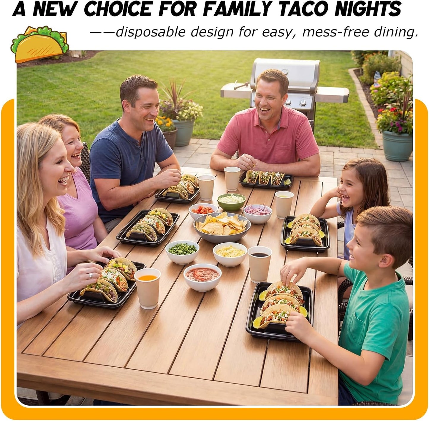 Baderke 100 Pcs Disposable Taco Holders for Party, Disposable Plastic Taco Plates with 3 Dividers, Premium PP Tacos Tray Serving Set for Tacos Tuesday, Fiesta Party Bar Supplies