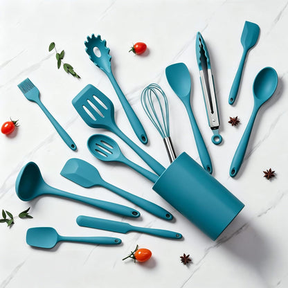 LIANYU 14 Pcs Silicone Kitchen Utensils Set with Holder, 446°F Heat Resistant Silicone Cooking Kitchen Utensils Spatula Set, Non-Stick & Dishwasher Safe Cooking Tools, Comfort Grip Handle, Black