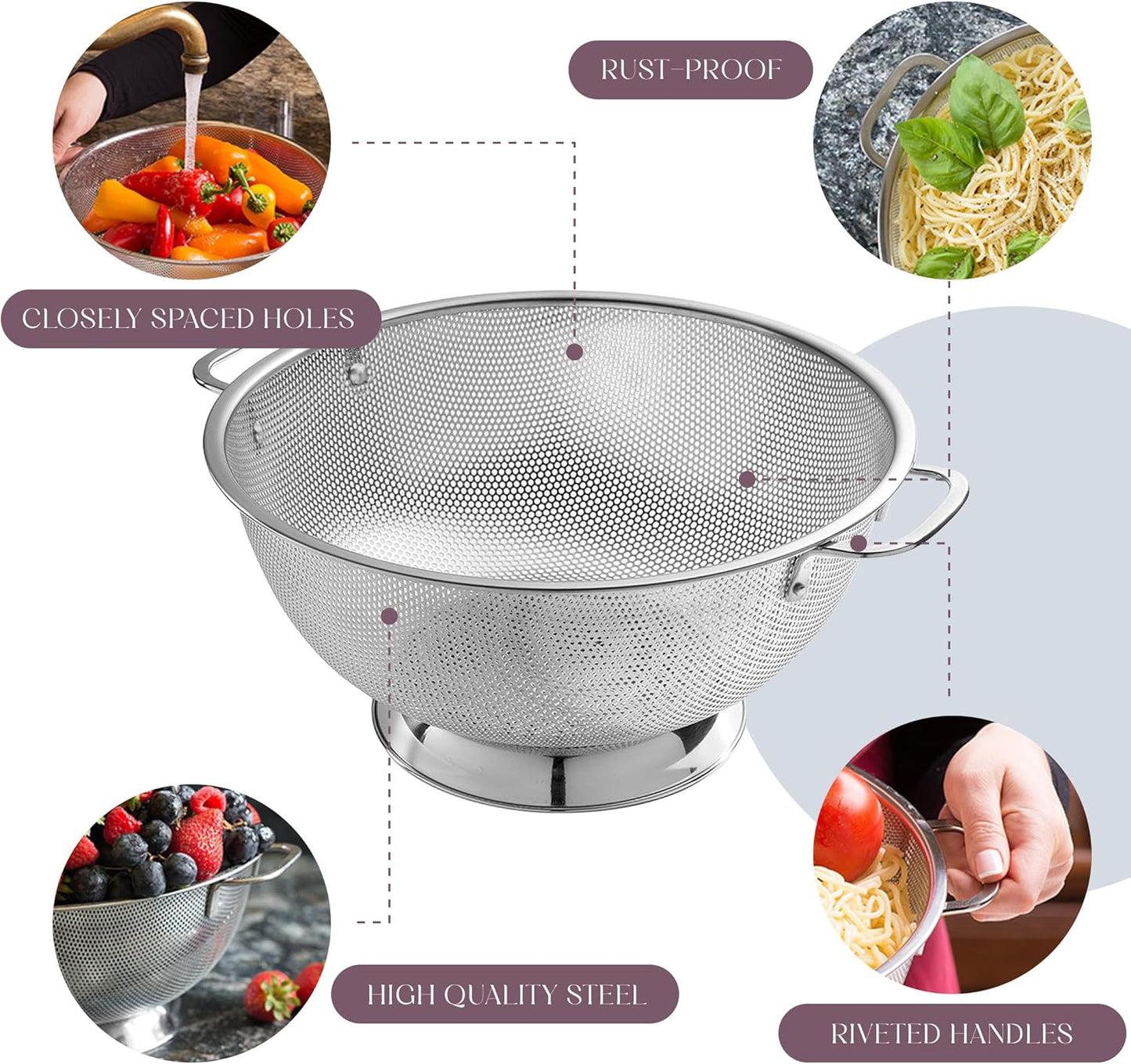 Bellemain 3 Qt Metal Colander with Handle | Pasta, Spaghetti, Berry, Fruit, Vegetable, Kitchen Food Strainer Basket | 18/8 Stainless Steel Colander Bowl | Pot Drainer for Cooking, Sifter Strainer