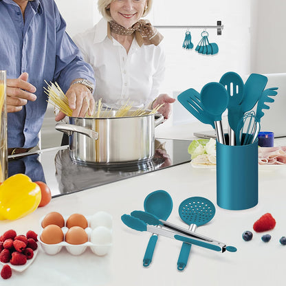 LIANYU 43 Pcs Silicone Kitchen Cooking Utensils with Holder, Heat Resistant Spatula Set with Stainless Steel Handle, Kitchen Cooking Gadgets Tools for Nonstick Cookware Set, Blue