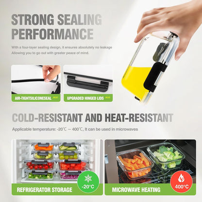 5-Piece Set, 36 oz Glass Meal Prep Containers with Snap-Lock Lids, Airtight Lunch Containers, Microwave, Oven, Refrigerator & Dishwasher Safe,Black