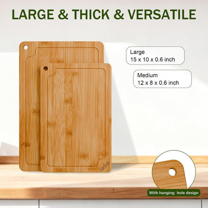 Bamboo Cutting Boards for Kitchen, Wood Cutting Board Set with Juice Grooves & Built-in Handles, Large Medium Small Chopping Board for Meat, Vegetables, Fruit