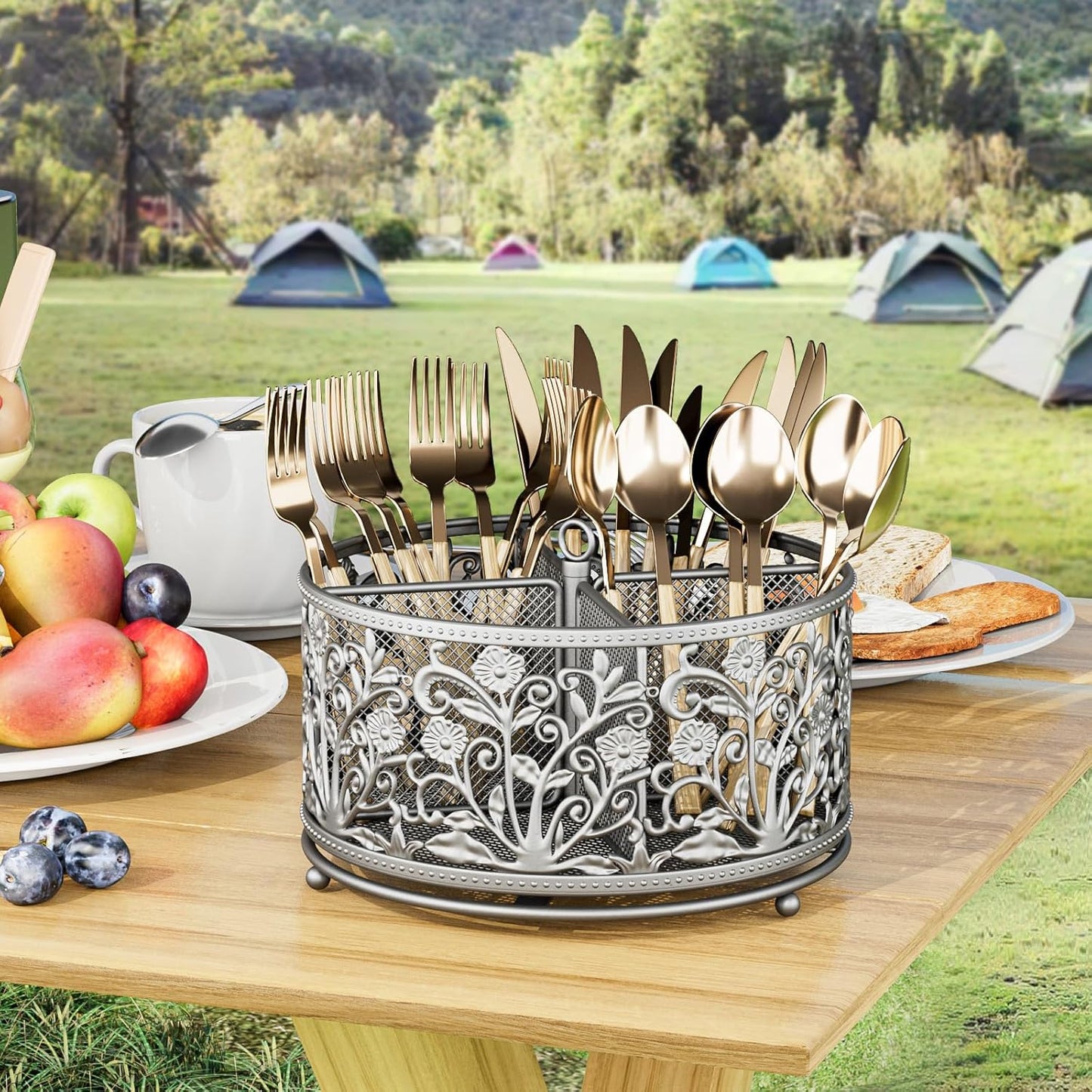 YIUKEA 360° Rotating Utensil Caddy - Silverware Cutlery Caddy Holder with 4 Compartment, Metal Flatware Organizer Countertop with Handle for Party Camping Picnic, Kitchen Counter, Office (Silver)