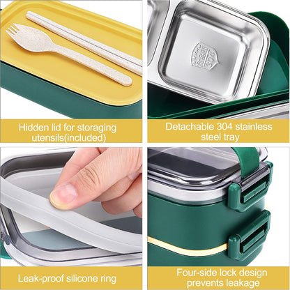 Stainless Steel Bento Box for Adults&Kids,Japanese Leakproof Lunch Box Divided Food Meal Storage Containers Set Stackable 2 Layer for Children School Picnic Beige