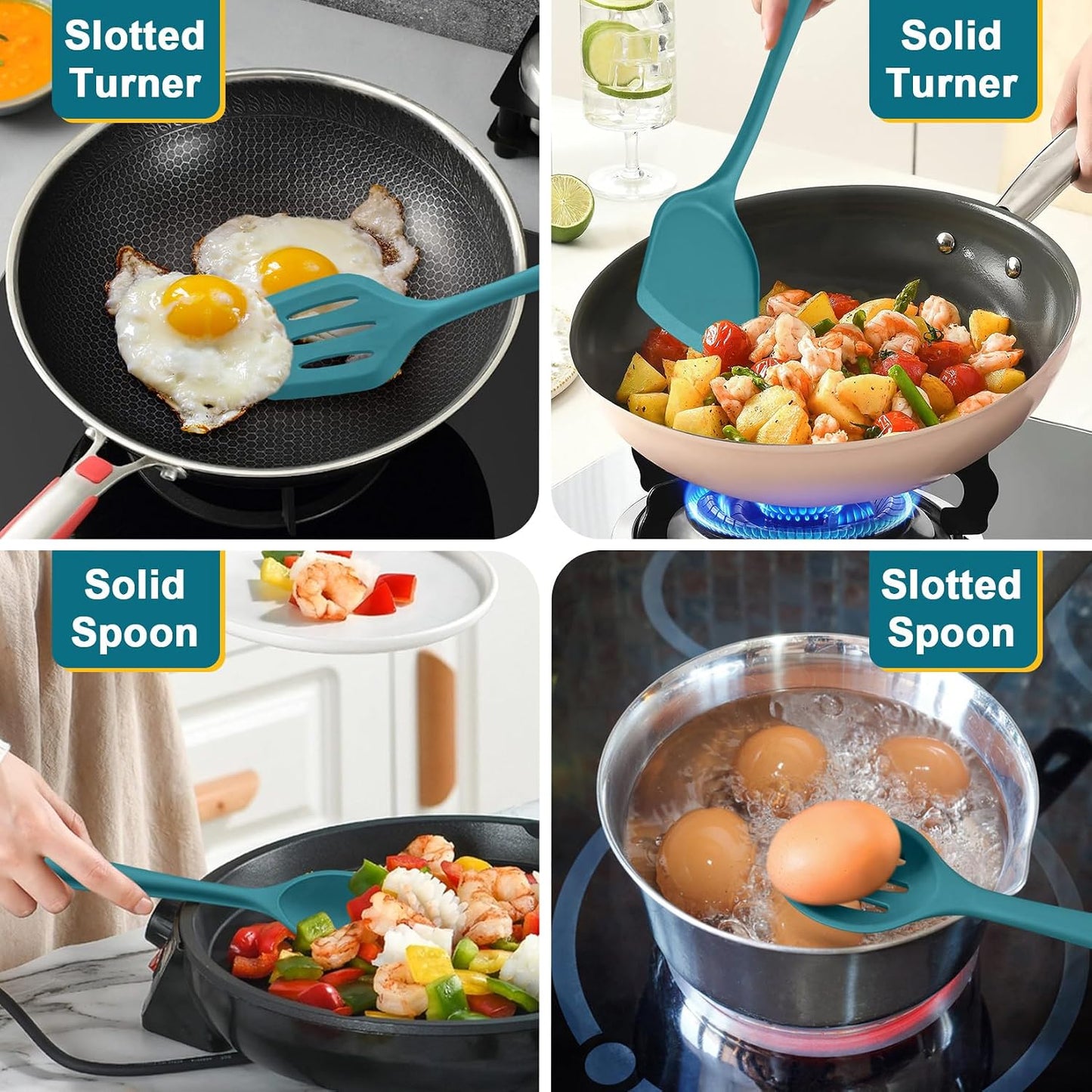 P&P CHEF Kitchen Utensil Set, 4 Pieces Non-stick Silicone Cooking Utensils, Heat-resistant Slotted Solid Spoon Turner for Frying, Mixing, Serving, Non-toxic & Easy to Clean, Blue