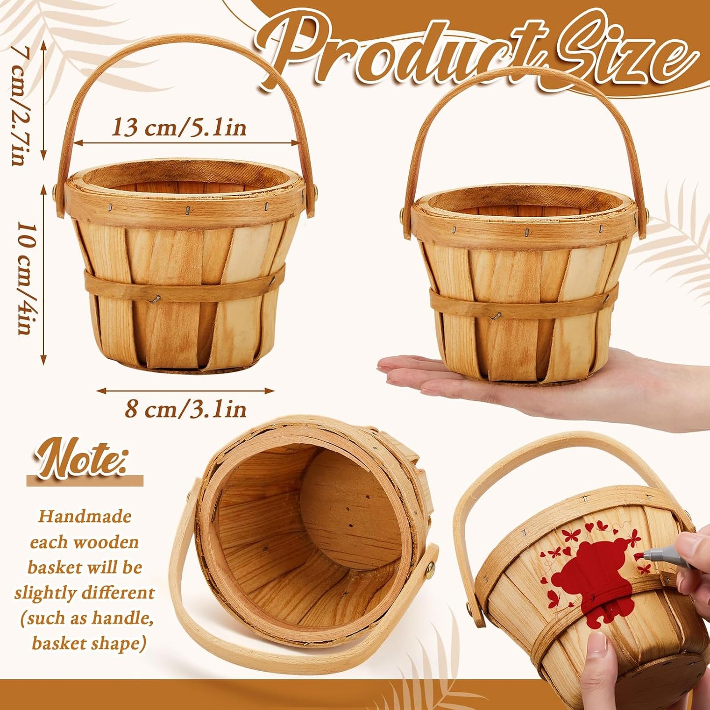 Marsui 15 Pcs Small Wooden Berry Baskets – 4 x 5.1 Inch Handcrafted Beach Baskets with Reinforced Handles, for Fruit, Market, Crafts, Gifts, Garden Picking & Decor (Brown)