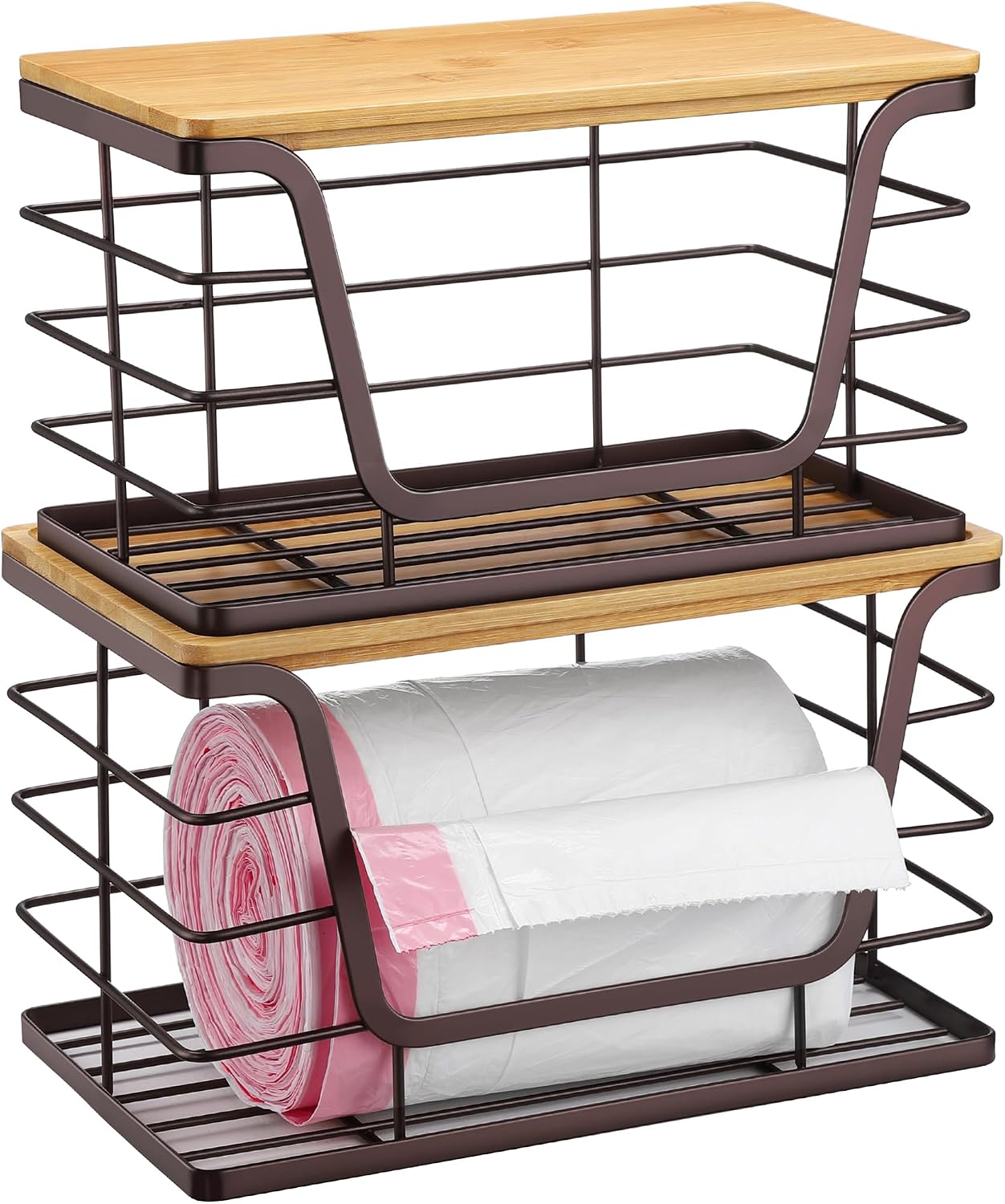 ALOCEO 2 Pack Stackable Wire Storage Basket with Bamboo Lid, Trash Bag Dispenser Under Sink for 4-13 Gal Bags, Kitchen Storage Bins for Potato and Onion, Brown
