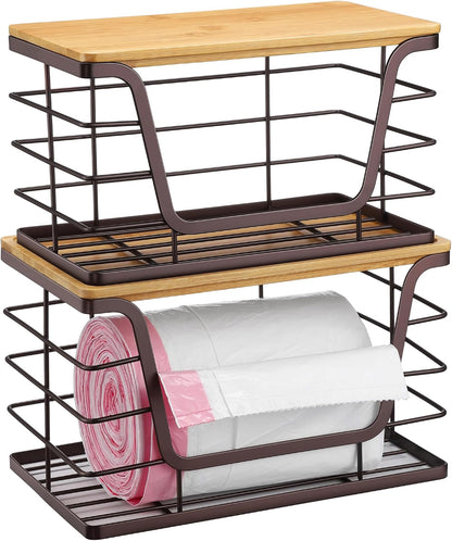ALOCEO 2 Pack Stackable Wire Storage Basket with Bamboo Lid, Trash Bag Dispenser Under Sink for 4-13 Gal Bags, Kitchen Storage Bins for Potato and Onion, Brown
