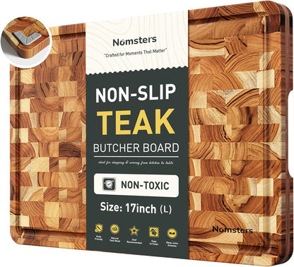 Teak Wood End Grain Cutting Board Set of 2 with Non-slip Feet, Reversible Cutting Boards for Kitchen with Juice Grooves and Handles Non Toxic Chopping Board Butcher Block Serving Tray Kitchen Gift